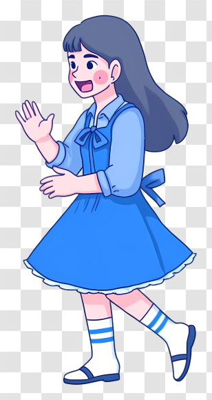 Cartoon Student - Girl In Blue Dress Walking Transparent PNG