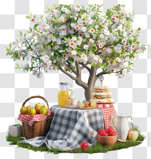 Springtime Picnic - Blossom Tree Picnic With Fruits And Juice Transparent PNG
