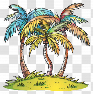 Palm Tree Landscape - Illustrated Colorful Palm Trees On Island Transparent PNG