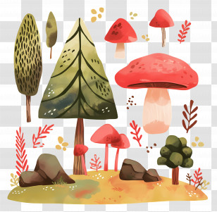 Watercolor Forest - Cartoon Forest With Trees And Mushrooms Transparent PNG