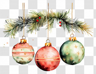 Christmas Watercolor - Christmas Ornaments Hanging From Pine Branch Transparent PNG