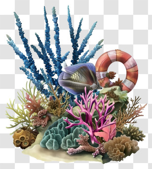 Realistic Coral Reef - Diverse Coral Reef With Shells And Life Buoy Transparent PNG