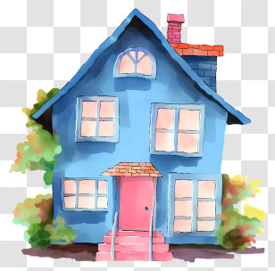 Blue House - Blue House Illustration With Garden And Pink Door Transparent PNG