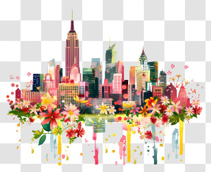 Atlantic City Skyline - Colorful Cityscape Blended With Beautiful Flowers Transparent PNG