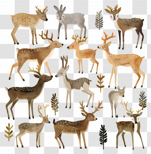 Reindeer - Group Of Deer In Various Poses Illustration Transparent PNG