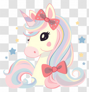 Cute Unicorn - Unicorn With Rainbow Mane And Bow Cartoon Style Transparent PNG
