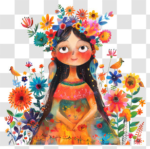 Little Girl - Girl In Floral Dress Surrounded By Bright Flowers Illustration Transparent PNG