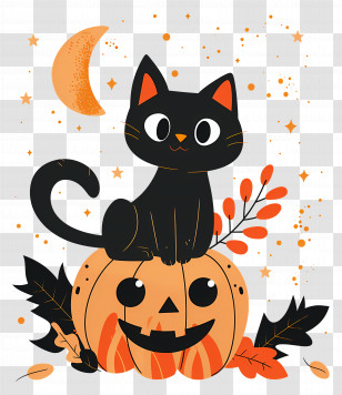 Halloween Cat - Black Cat Sitting On Halloween Pumpkin Transparent PNG