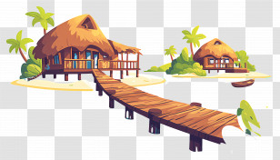 Tropical Beach Resort - Tropical Island Houses And Wooden Pier Illustration Transparent PNG