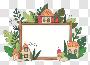 Cartoon - Miniature Houses And Frame With Green Foliage Transparent PNG