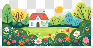 Cottage Garden - Charming House In A Green Field With Bright Flowers Transparent PNG