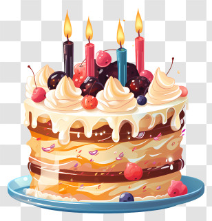 Birthday Cake - Layered Vanilla Birthday Cake With Berries And Candles Transparent PNG