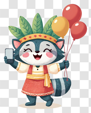 Raccoon Girl Mascot Birthday - Festive Raccoon Celebrating With Balloons Transparent PNG