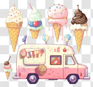 Ice Cream Van - Colorful Ice Cream Truck And Cones Transparent PNG
