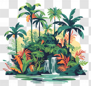 Jungle - Lush Jungle Landscape With Palm Trees And Waterfall Transparent PNG