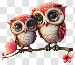 Psd 3d Romantic Valentine Owl - Two Cute Owls With Hearts On Branch Design Transparent PNG