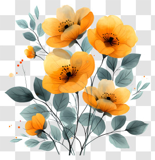 Gold Flowers - Yellow Flowers With Green Leaves Transparent PNG