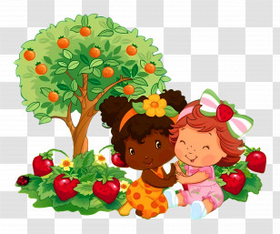 Strawberry Shortcake - Cute Cartoon Children Playing Near A Fruit Tree Transparent PNG