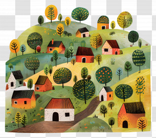 Rural Area - Charming Cartoon Village With Trees And Hills Transparent PNG