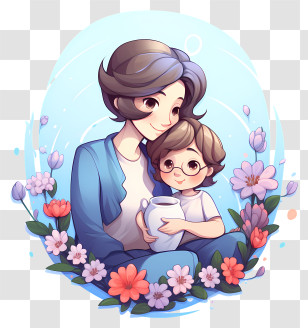 Mothers Day - Mother And Child With Flowers Transparent PNG
