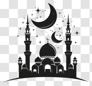 Eid Al Fitr - Black And White Mosque Silhouette With Crescent Moons For Ramadan Transparent PNG