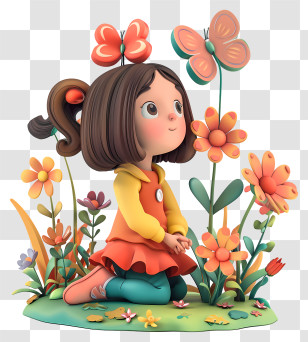 Spring Time - Adorable Girl Kneeling Among Flowers And Butterflies Transparent PNG