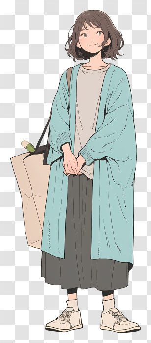 Anime‌ Traveler‌ - Girl With Shopping Bag And Blue Cardigan Transparent PNG