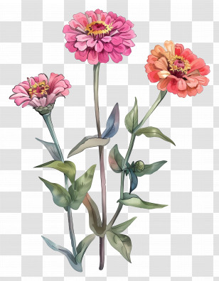 Zinnias Stem - Pink And Red Zinnia Flowers Transparent PNG