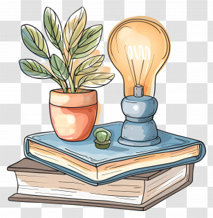 Book And Lamp - Books With Lamp And Plant Illustration Transparent PNG