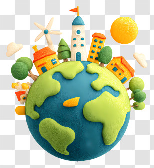 Save The Planet - Colorful Earth With Buildings And Trees Transparent PNG