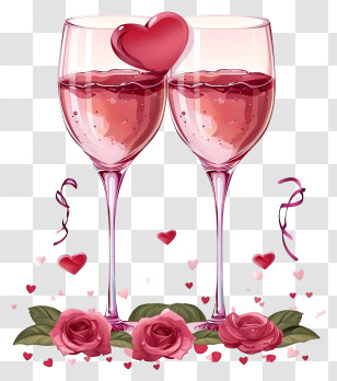Valentine Wine Glasses Icon - Romantic Wine Glasses With Hearts And Roses Transparent PNG