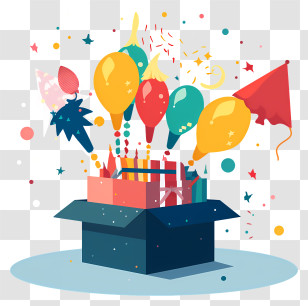 Birthday Box - Gift Box With Balloons And Confetti Transparent PNG