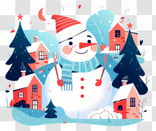 Cute Cartoon Snowman - Snowman And Winter Houses Illustration For Christmas Transparent PNG
