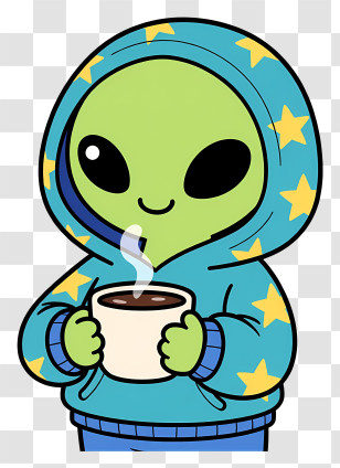 Kawaii Alien - Cute Alien In Hoodie With Coffee Transparent PNG