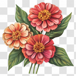 Retro Zinnias - Colorful Flowers In Bloom Transparent PNG