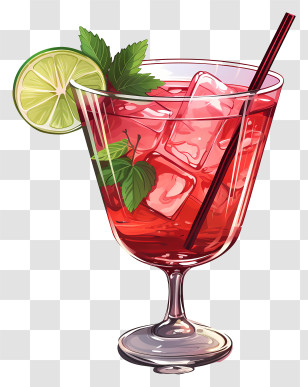 Cocktail - Red Cocktail With Lime And Mint Garnish Transparent PNG