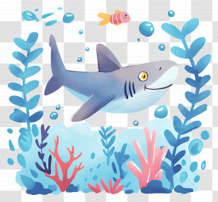 Cute Shark - Cartoon Shark Swimming In An Underwater Scene Transparent PNG