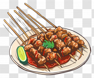 Satay - Grilled Skewers On Plate With Lime Transparent PNG