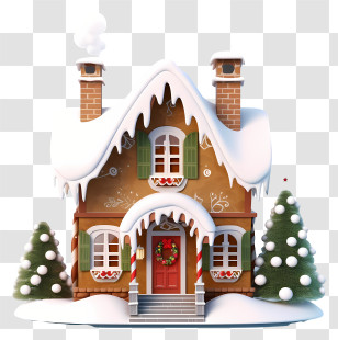 House With Red Roof - Snow-Covered House With Holiday Decorations Transparent PNG