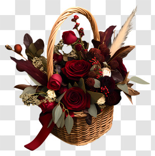 Rose Basket - Red Roses In Basket With Leaves Transparent PNG