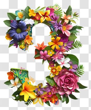 Floral Number Three - Floral Number 3 Design With Vibrant Flowers Transparent PNG