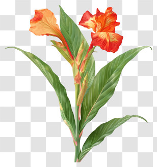 Canna Indica Flowers - Orange Canna Flowers With Green Leaves Transparent PNG