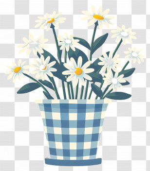 Daisies In Pot - Daisy Flowers In A Blue Checkered Vase Transparent PNG