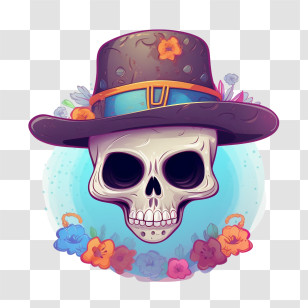 Sugar Skull - Cartoon Skull With Hat And Flowers Illustration Transparent PNG