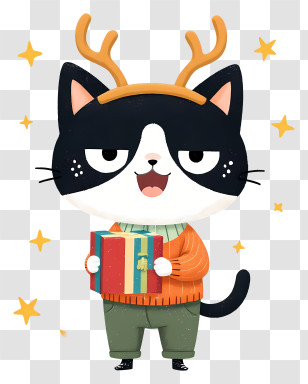 Cat Mascot Enjoying Winter - Cute Black-and-White Cat With Gift Transparent PNG