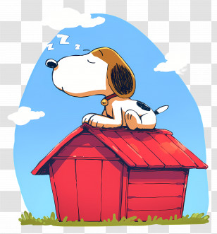 Snoopy Sleeping - Cartoon Dog Relaxing On A Red Doghouse Transparent PNG