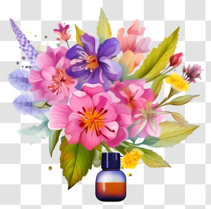 Watercolor Flower Essences Therapy - Essential Oil Bottle With Colorful Flowers Transparent PNG