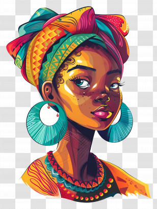 Female African - Colorful Illustrated Portrait With Headwrap Transparent PNG
