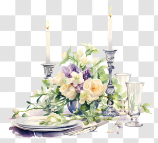 Table Setting - Elegant Dining Table With Floral And Candle Decor Transparent PNG