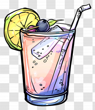 Doodle Cocktail - Colorful Glass Of Cocktail With Lemon Slice And Ice Cubes Transparent PNG